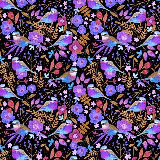 Baumwollsweat, Blumem Vögel lila auf schwarz, JF-026